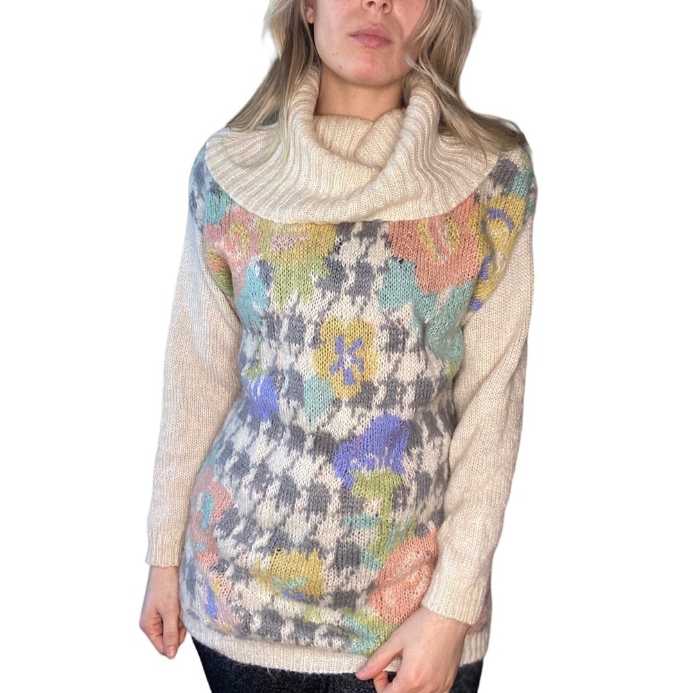 VINTAGE 80s Mohair Floral Colorful Cowl Houndstooth Sweater